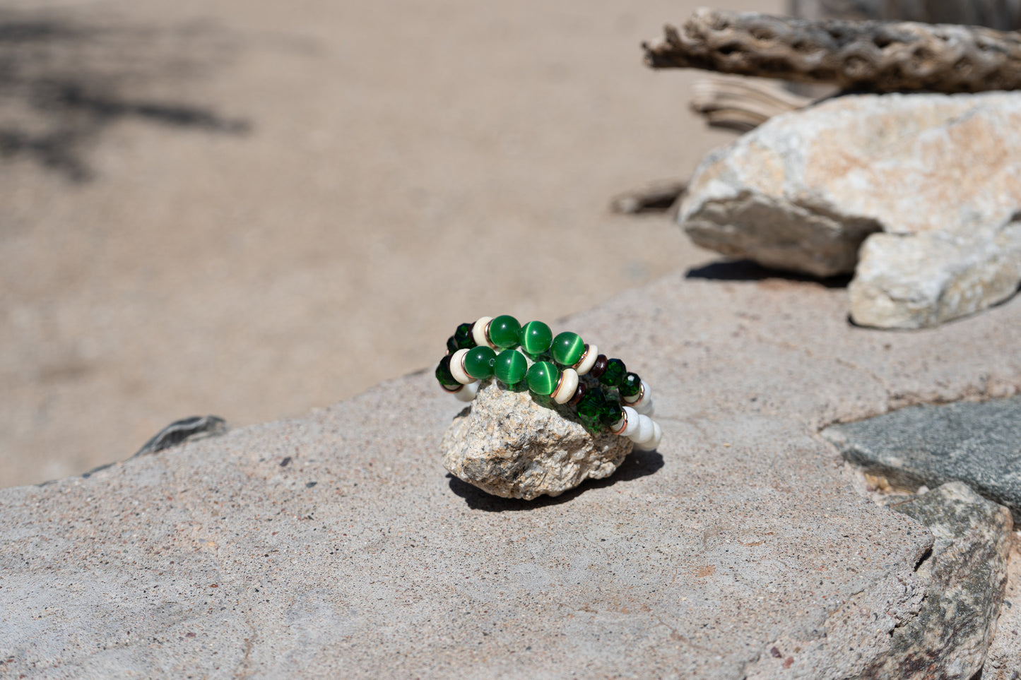 Ocean & Earth – Green Cat’s Eye Glass, Bone & Copper with Shell Bracelet