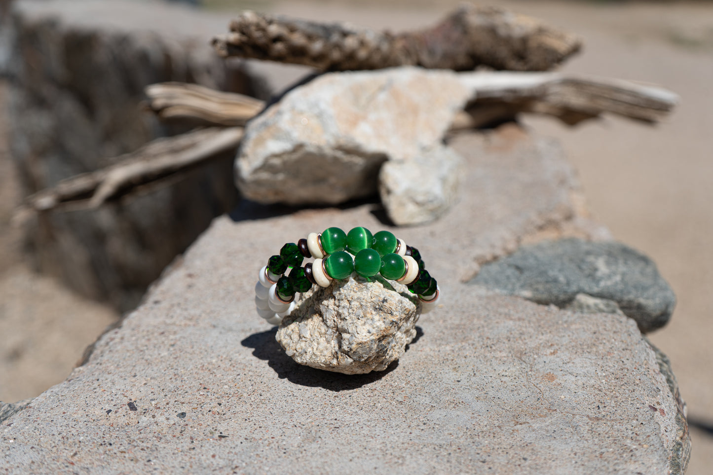 Ocean & Earth – Green Cat’s Eye Glass, Bone & Copper with Shell Bracelet