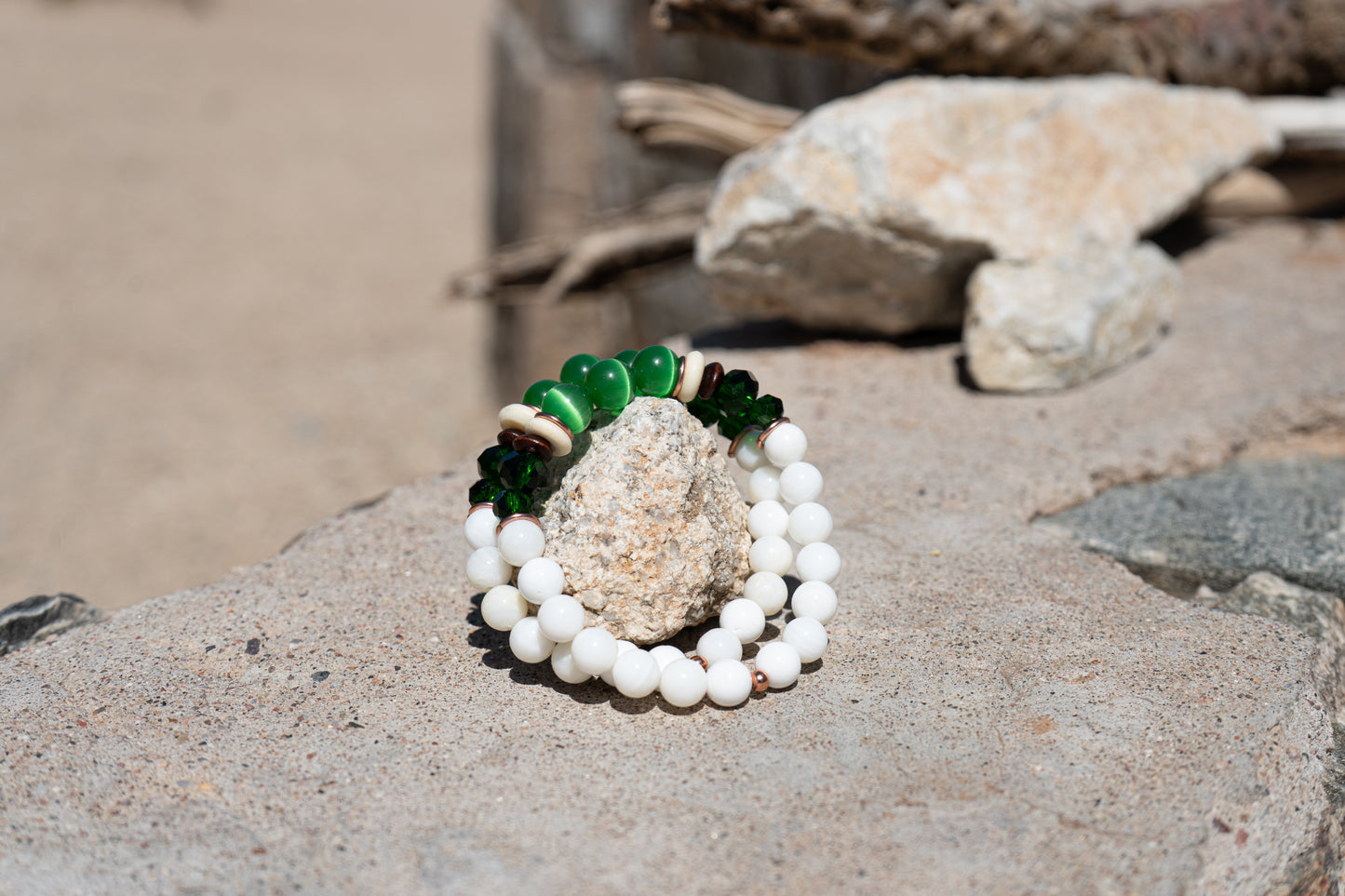 Ocean & Earth – Green Cat’s Eye Glass, Bone & Copper with Shell Bracelet