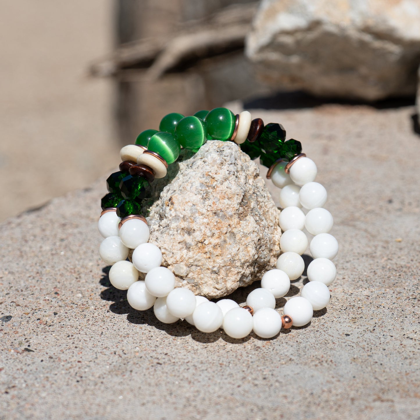 Ocean & Earth – Green Cat’s Eye Glass, Bone & Copper with Shell Bracelet