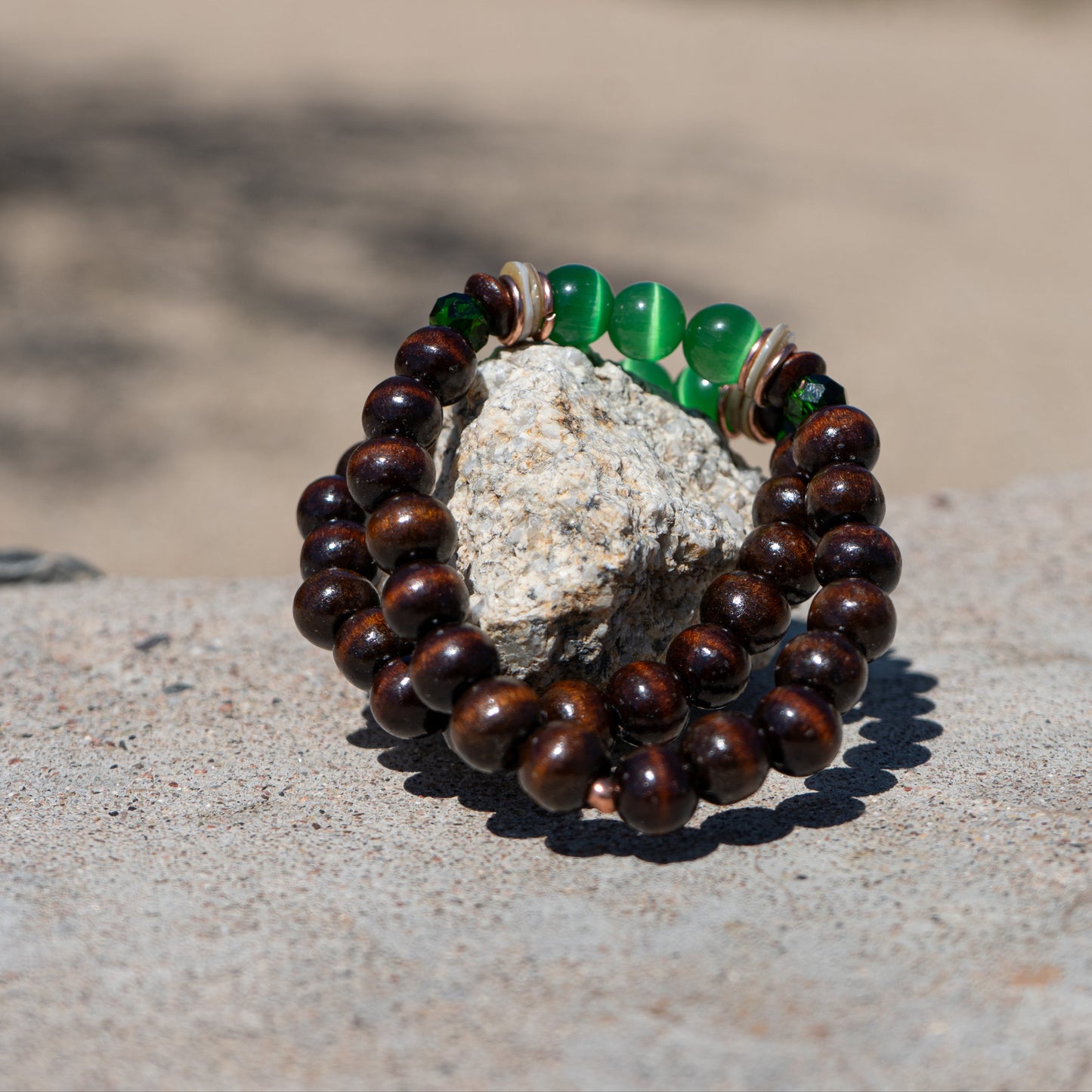 Forest Tide – Green Cat’s Eye Glass & Copper with Shell & Wood Bracelet