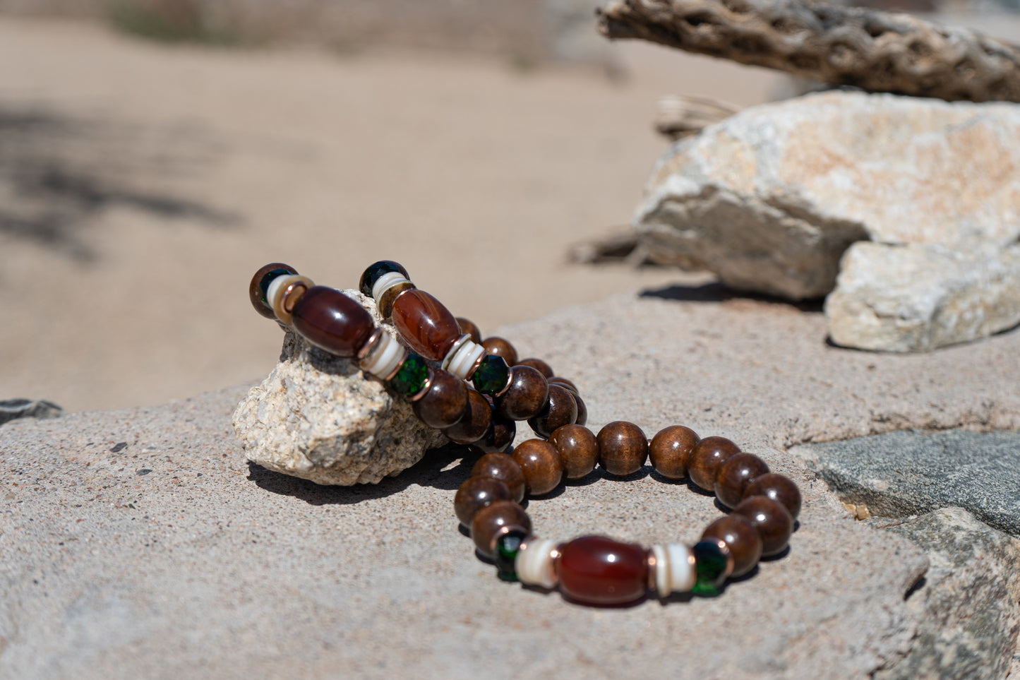 Fire & Ground – Carnelian & Onyx with Copper, Shell & Wood Bracelet