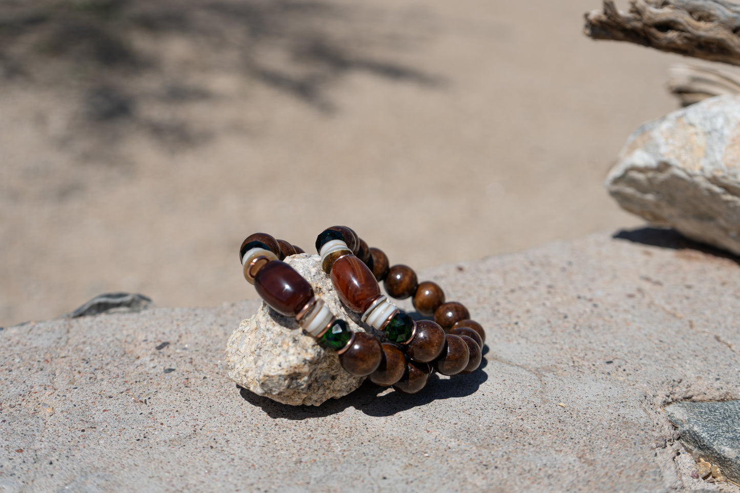Fire & Ground – Carnelian & Onyx with Copper, Shell & Wood Bracelet
