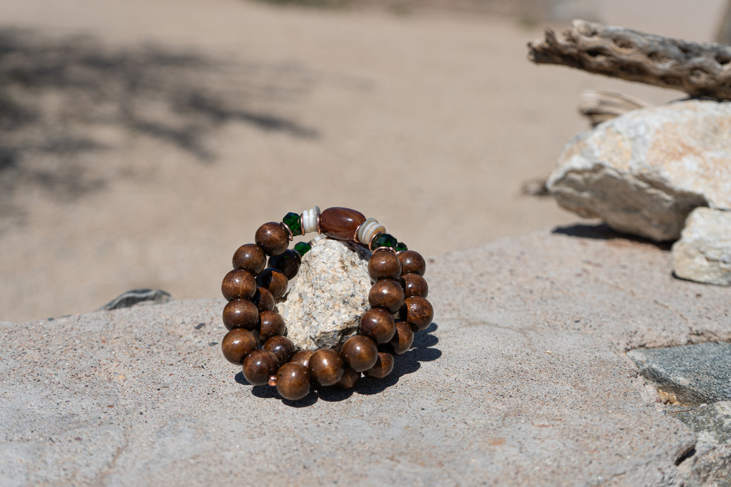 Fire & Ground – Carnelian & Onyx with Copper, Shell & Wood Bracelet
