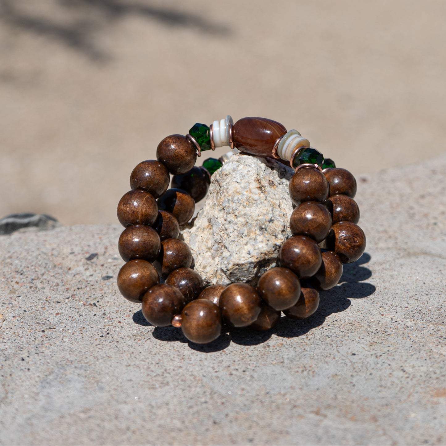 Fire & Ground – Carnelian & Onyx with Copper, Shell & Wood Bracelet