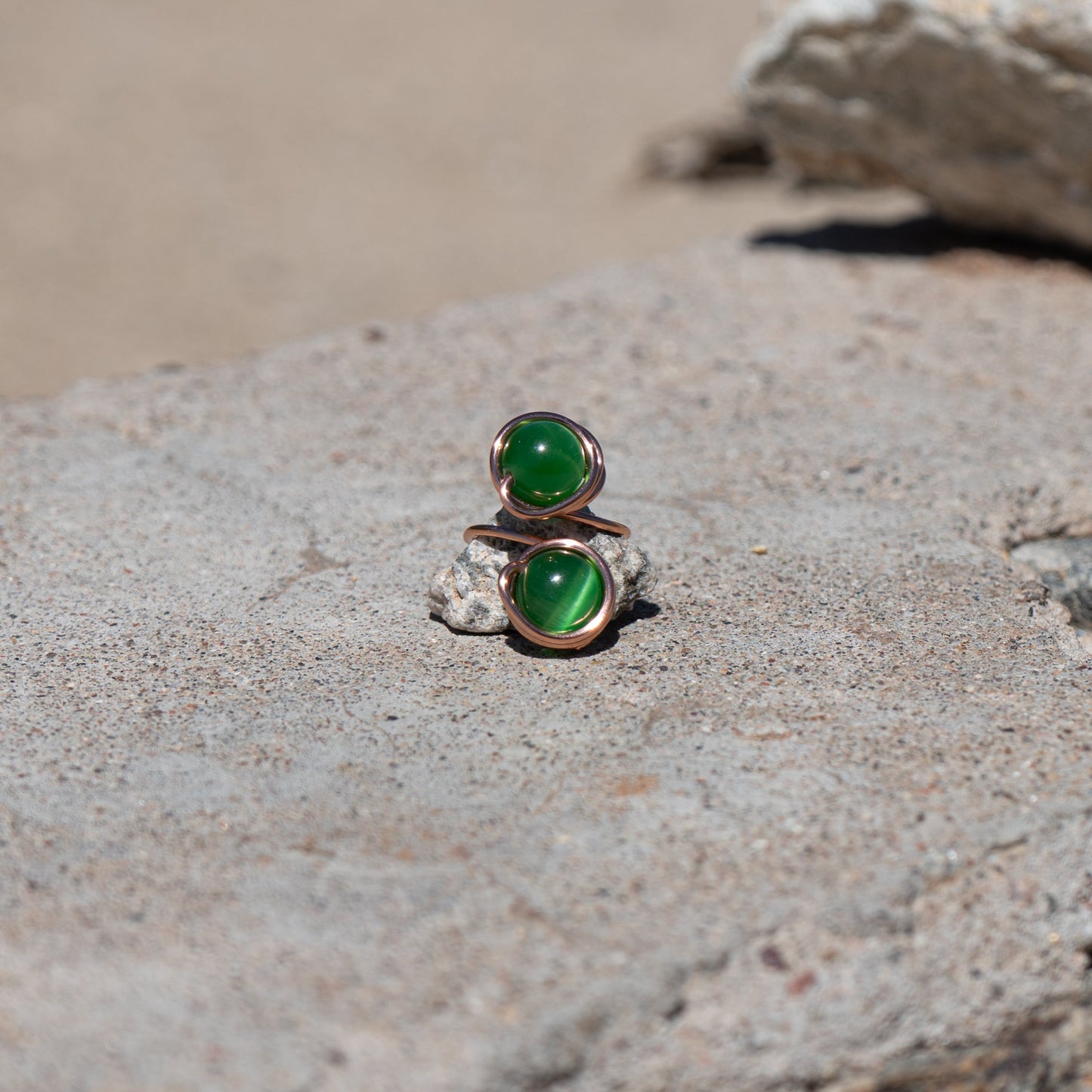 Verdant Eye – Green Cat’s Eye Glass Copper Ring