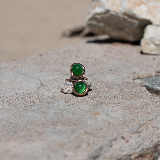Verdant Eye – Green Cat’s Eye Glass Copper Ring