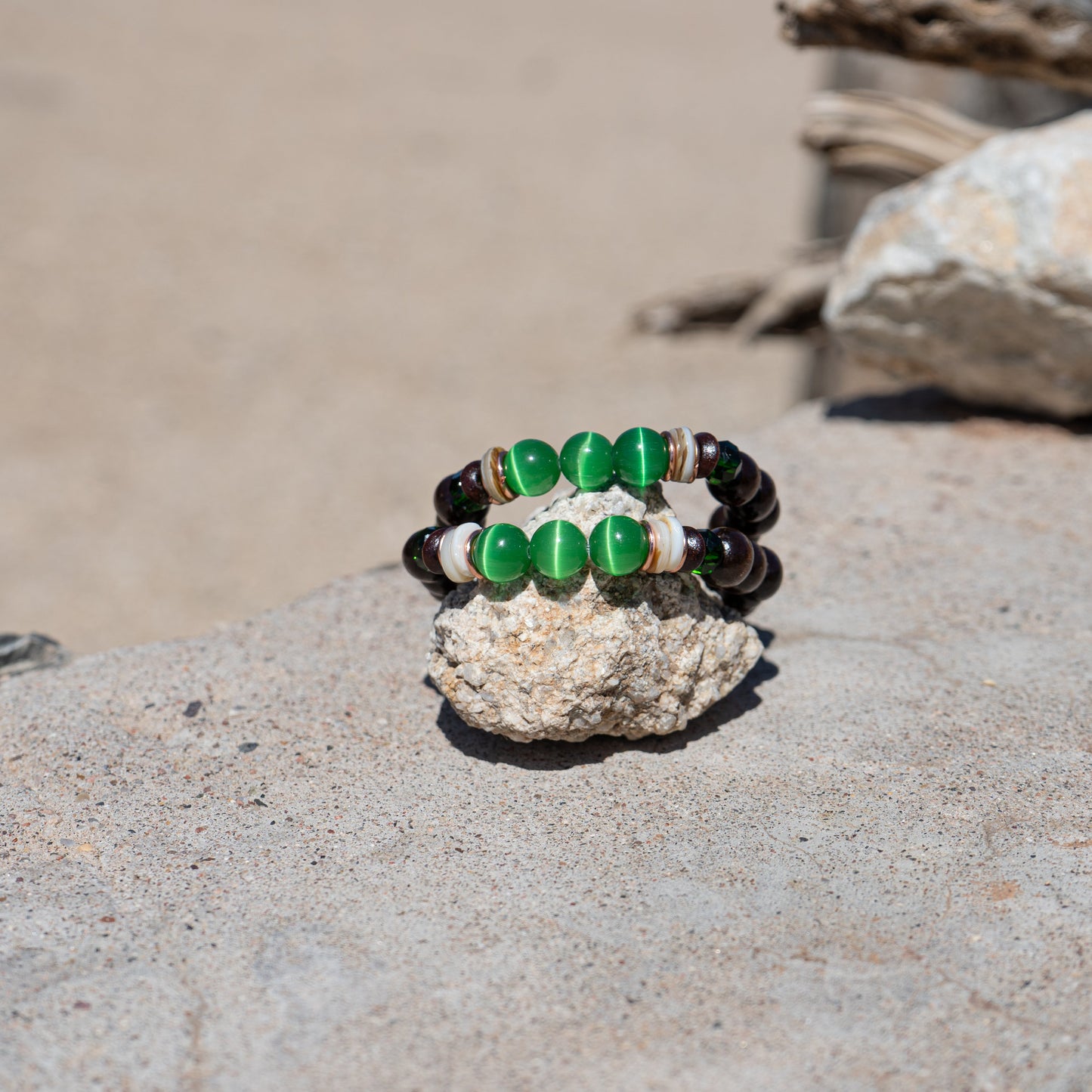 Forest Tide – Green Cat’s Eye Glass & Copper with Shell & Wood Bracelet