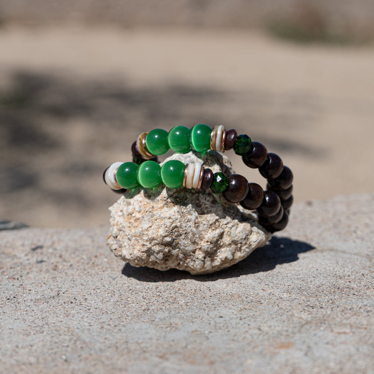 Forest Tide – Green Cat’s Eye Glass & Copper with Shell & Wood Bracelet